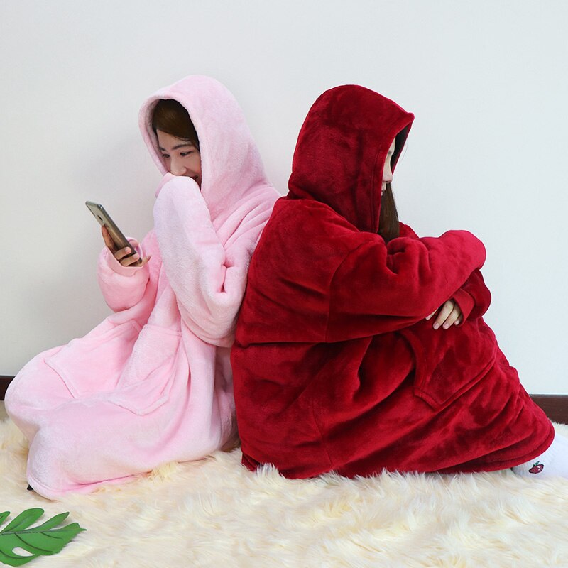 Women Blanket Sweatshirt Robe Winter Hoodies Outdoor Hooded Coats Warm Comfy Bathrobe Christmas Fleece Blanket Sudadera Mujer Color : baby pink|black|blue|pink|red|grey 